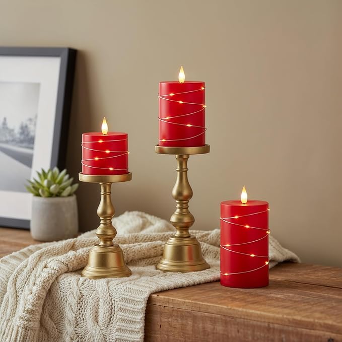 Raycare Flameless Candles with Remote Timer, Flickering Battery Operated LED Pillar Fake Candle with String Lights for Home Decor, Christmas, Wedding and Gift, Red, Set of 3
