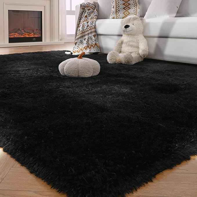 Shag Rugs 8x10 Living Room: Shag Area Rug for Bedroom - Black Large Fluffy Soft Carpet (Black, 8x10 Feet)…