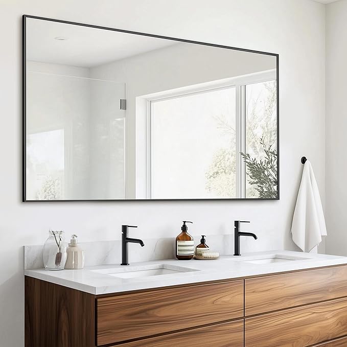 Antok 50x30 Black Metal Framed Bathroom Mirror, Wall Mirror with Rect Corners, Vanity Mirror for Over Sink, Anti-Rust Tempered Glass, Horizontal/Vertical Hanging for Bathroom, Living Room, Entryway