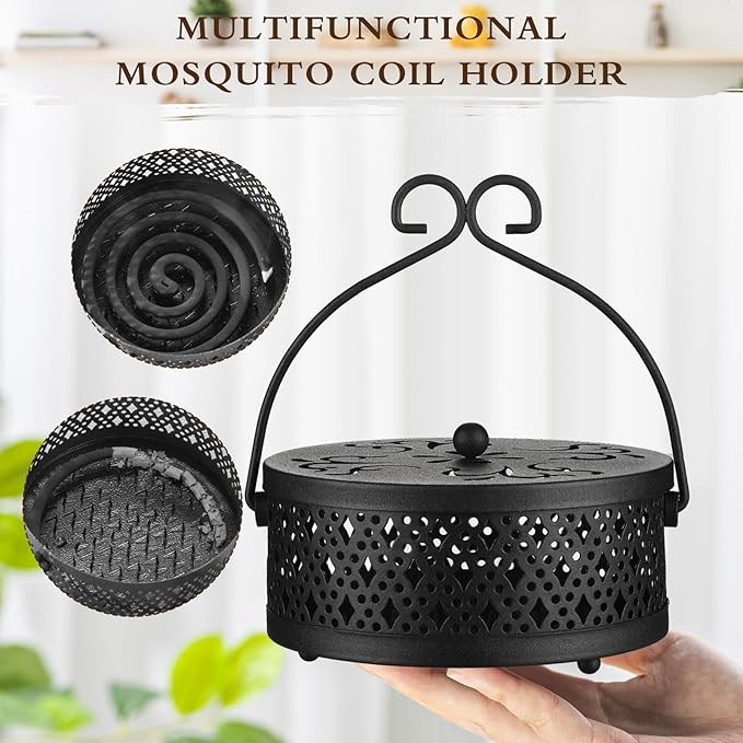 Lallisa 2 Pieces Incense Coil Holder Mosquito Coil Holder Retro Portable Round Metal Hanging Incense Burner Holders with Handle for Home Indoor Outdoor Camping Patio (Black)