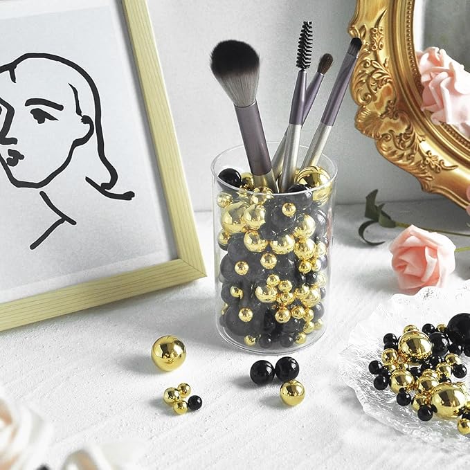 1400Pcs Black and Bright Gold Vase Filler Pearl Beads for Crafting 8mm Beads No Holes Decor Suitable for Wedding Decor, Party Decorations, Centerpiece Table Decorations
