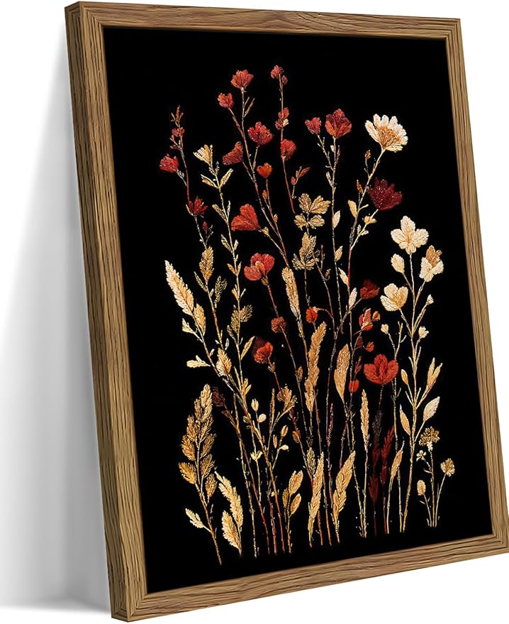 Framed Bathroom Wall Art, Dark Botanical Floral Canvas Wall Decor, Rustic Flower Prints Paintings, Vintage Wildflower Artwork Picture for Bathroom Bedroom Living Room 12x16 Inch