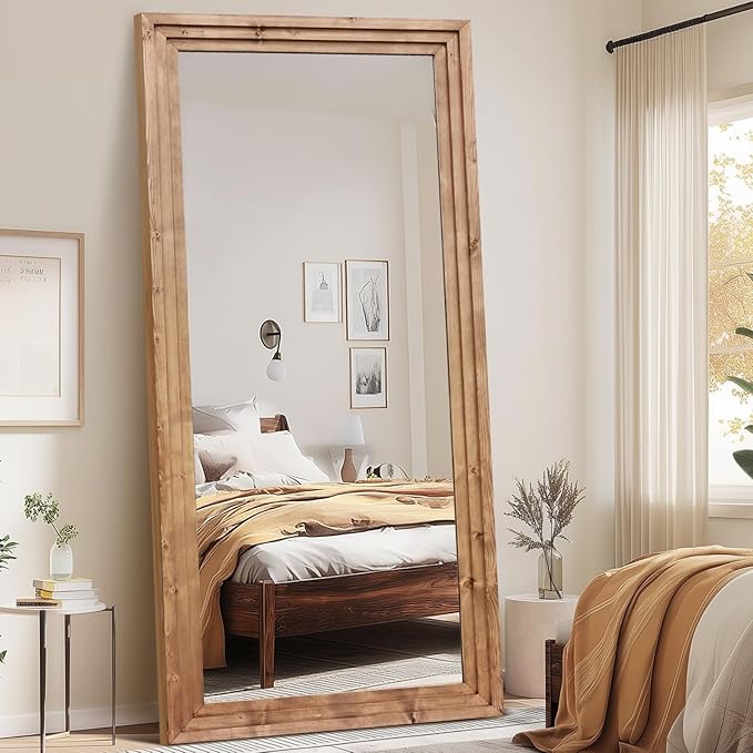 Full Length Wood Mirror 76x34 Rustic Solid Wood Floor Mirror with Triple Layer Frame, HD Tempered Glass, Wall Mounted or Leaning Standing Mirror Light Brown Mirror for Bedroom Bathroom Living Room