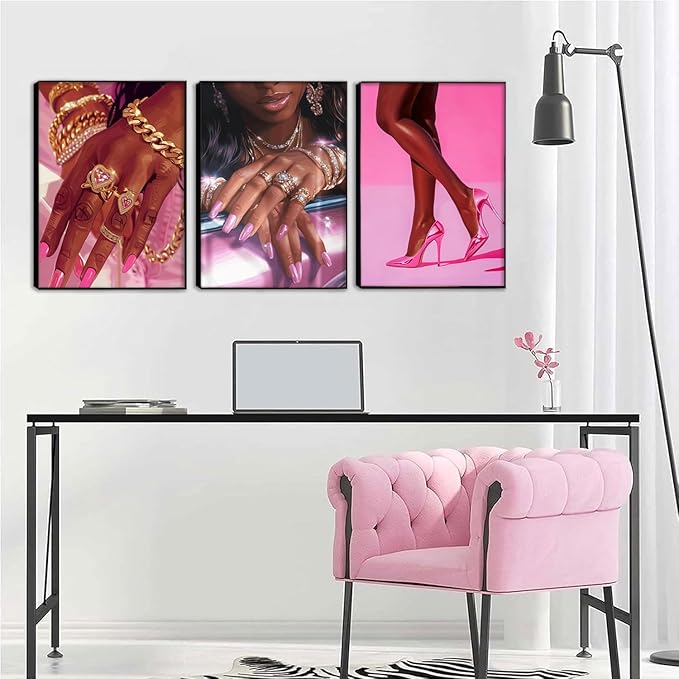 Pink Fashion Black Girl Canvas Wall Art Set of 3 African American Black Woman Posters Wall Decor Fashion Black Woman Pictures Prints for Living Room Bedroom Artwork Home Decoration 16x24Inch Unframed