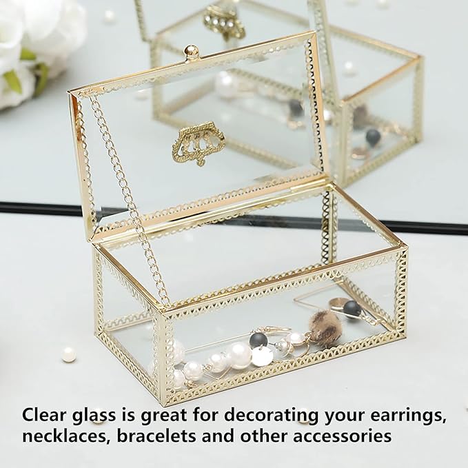 NAJMECHOY Glass Jewelry Box, Mirror Bottom with Crown Lid, Box for Makeup, Lipstick Ring Earrings, Storage Box, Gold Glass Box Ring, Bracelet Display Transparent Box (Rectangle)