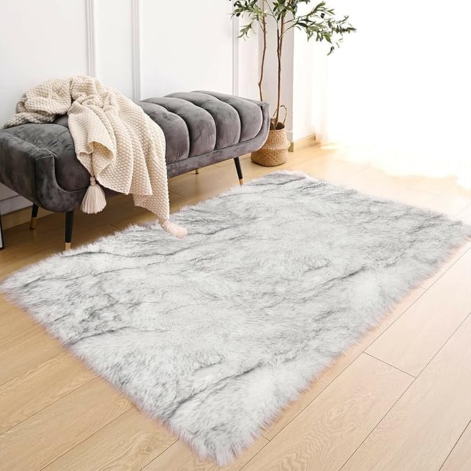 Latepis White and Grey Tips Faux Fur 4'x5'10" Area Rug, Soft Plush Faux Fur Sheepskin Rugs for Living Room, Washable Fluffy Rug for Living Room, Luxury Room Decor, Rectangle