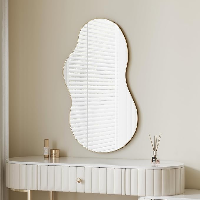 Itrue 26×46 Inch Gold Framed Irregular Tempered Glass Wall Mirror, Asymmetrical Vanity Mirror for Bathroom, Bedroom, Entryway
