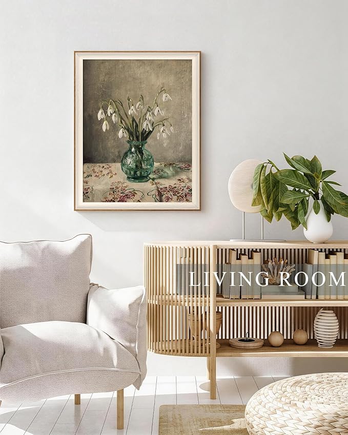 VIYYIEA Framed Wall Art for Living Room, Snowdrop Flowers in Green Glass Vase Canvas Prints, Vintage Floral Still Life Home Decor, Bedroom Wall Decor, Kitchen Aesthetic Art, 16x20 Inch
