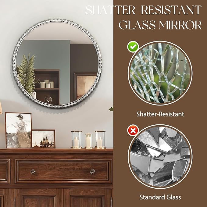 Uniclinens Beaded Round Wall Mirror 31.5" - Large Vintage Mirror Wall Decor with Metal Frame, Ideal for Entryway, Fireplace, Living Room, Hallway, Bathroom, Silver