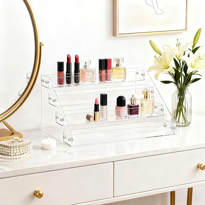 Tiered Spice Rack Acrylic, 4 Tier Spice Rack Shelf Seasoning Organizer, Clear Perfume Organizer, Makeup Display Stands Double Sided Usable for Better Presentation