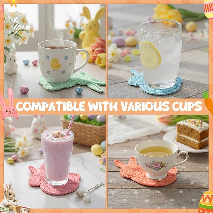 6 Pcs Easter Bunny Crochet Coaster Set 5.1 x 6.7 Inch Rabbit Handmade Woven Cup Pad Mats Gift Kit for Spring Holiday Kitchen Home Office Bar Desk Table Decor