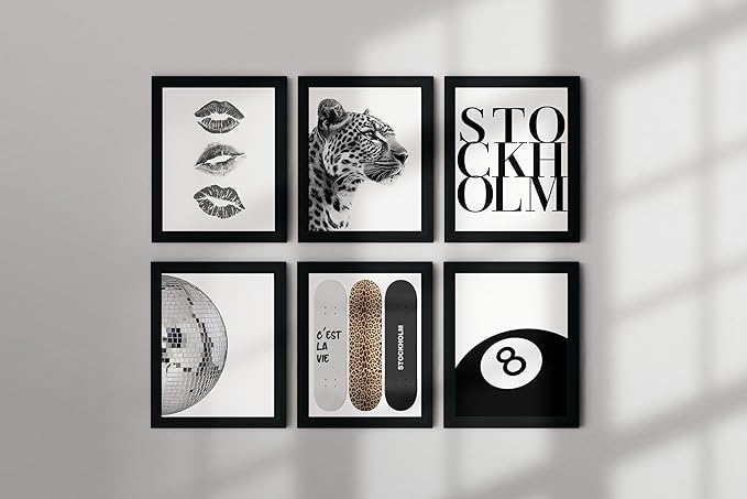 TwoDays Stockholm Style Room Decor for Women, Chic Trendy Wall Art for Living Room Aesthetic, Luxury Fashion Posters for Home Bedroom Apartment Dorm (8" X 10", Set of 6, Black Framed)