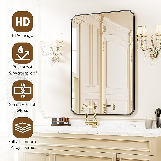 Antok 24x36 Black Metal Framed Bathroom Mirror, Wall Mirror with Round Corners, Vanity Mirror for Over Sink, Anti-Rust Tempered Glass, Horizontal/Vertical Hanging for Bathroom, Living Room, Entryway