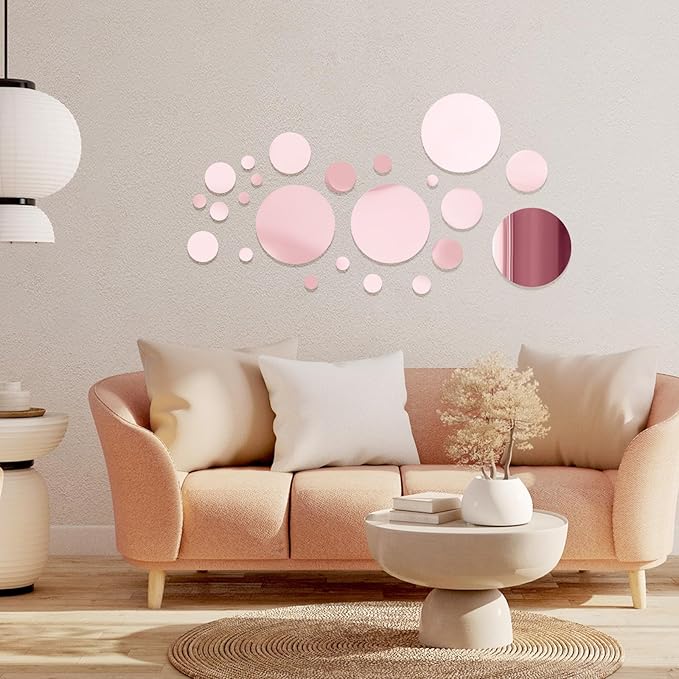 Shappy 32 Pcs Acrylic Mirror Wall Stickers Removable Round Wall Decal Circle Mirror Tiles for Home Bathroom Living Room Bedroom TV Background Decor (Pink,Small Size)