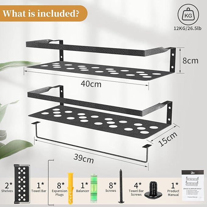 Uten Floating Shelves, Wall Mounted Iron Shelves Set of 2, Bathroom Storage Iron Shelves with Towel Rack, Wall Hanging Organizer Decor Shelf for Bathroom, Kitchen, Bedroom, Living Room