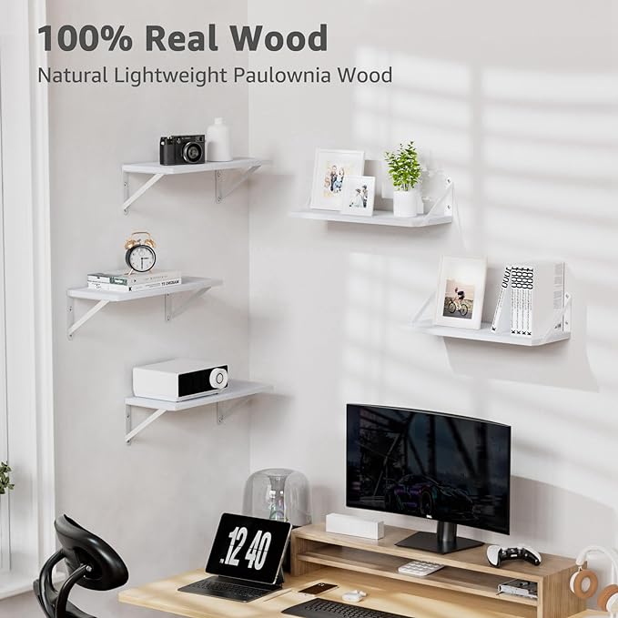 COCOYA Wall Shelves 7.3" Deep Set of 2, Solid Paulownia Wood Wider Longer Sturdy Easy to Install Wall Mounted Bookshelves Storage Shelves Bathroom Storage Office Laundry Room Bedroom Organizer White