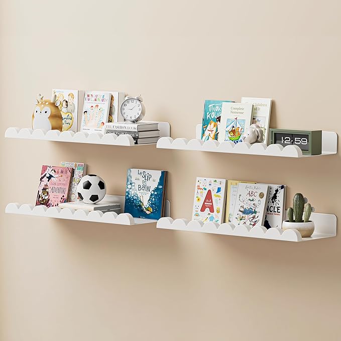 4-Pack Nursery Book Shelves, Scalloped Floating Shelves for Wall Kids, 15.7" Wood Wall Book Shelf for Bedroom Kids, Toddler Room, Baby Room, Nursery Decor,All White