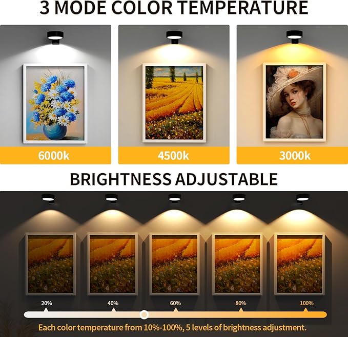 Narotood 6 Pack Picture Lights for Wall, Rechargeable Battery Operated Wall Lights, Picture Frame Lights with 3 Lighting Modes, Wireless Magnetic Painting Light with Remote Control Timer, (Black)