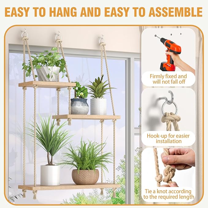 3 Tier Hanging Wall Shelves, Boho Rope Hanging Plant Stand with LED Vine Lights, Rustic Wood Floating Shelves Organizer for Bedroom Kitchen Living Room Wall Decor (Three-Tier Rope Rack)