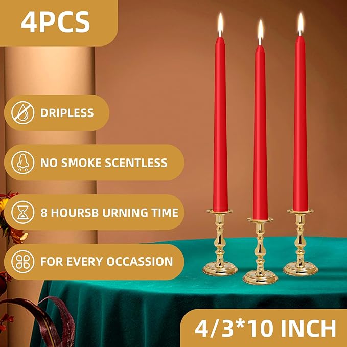 LYOBATH 4 Pack Red Taper Candles - Taper Candles 10 Inch Dripless, Smokeless & Unscented - 8 Hours Long Burning - Hand Poured Tall Candlesticks - Ideal for Weddings, Dinner Parties, and Home Decor