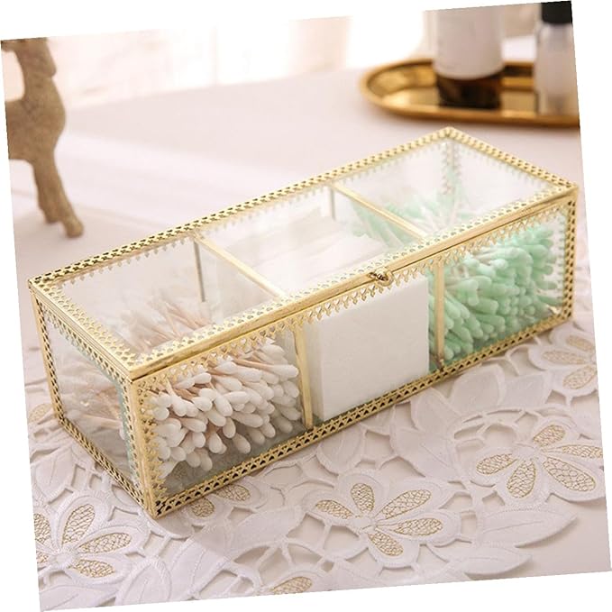 Jewelry Box with Glass Lid and Metal Frame Vanity Organizer for Makeup Rings Earrings Necklaces Bracelets Watches and Small Accessories Dustproof Storage for Bathroom Desk