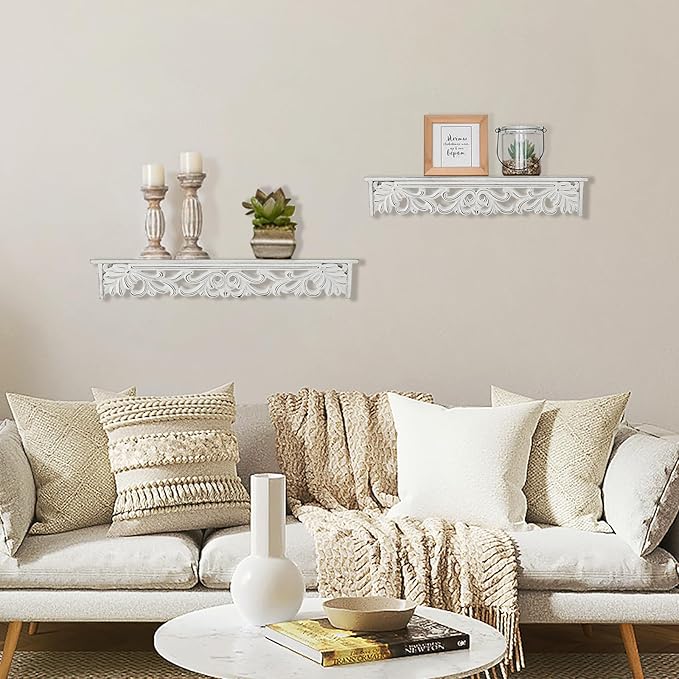 White Wall Shelves French Country Decor - Vintage Floating Shelf Antique Wood Wall Decor Farmhouse Rustic Hanging Shelves for Living Room Bedroom (24"+19")