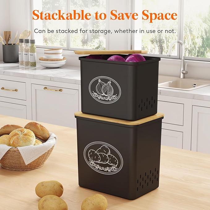 Lifewit Potato and Onion Storage Bin, Stackable Garlic Keeper with Aerating Holes and Lid, Plastic Vegetable Container Box for Pantry Countertop, Black, 24 x 18 x 24 cm/9.5 x 7 x 9.5 inch, Set of 2