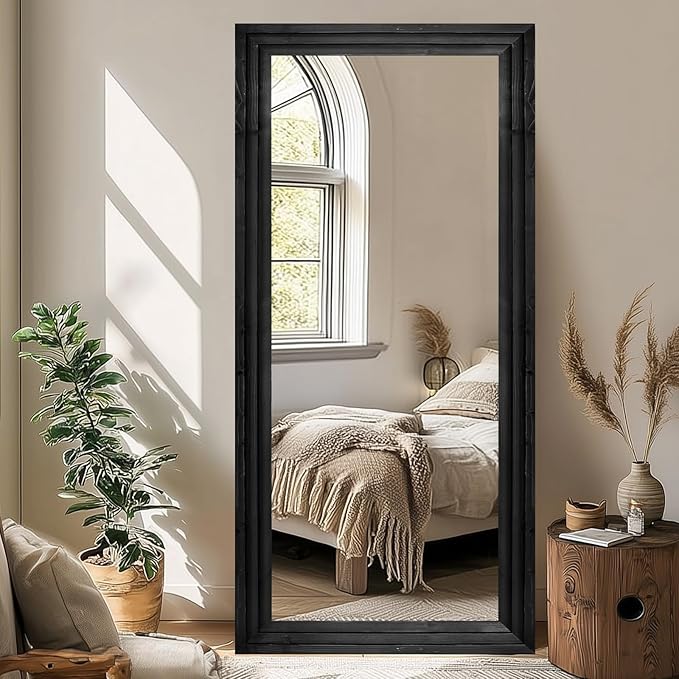 Full Length Wood Mirror 71x30 - Rustic Solid Wood Floor Mirror with Triple Layer Frame, HD Tempered Glass, Wall Mounted or Leaning Standing Mirror Vintage Black Mirror for Bedroom Bathroom Living Room