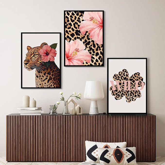 Trendy Leopard Wall Art Pink Cheetah Print Room Decor Leopard Flower Canvas Wall Decor Cheetah Aesthetic Poster Girly Pink Preppy Picture Funky Y2k Artwork for Girl Bedroom 12x16x3 Inch Unframed