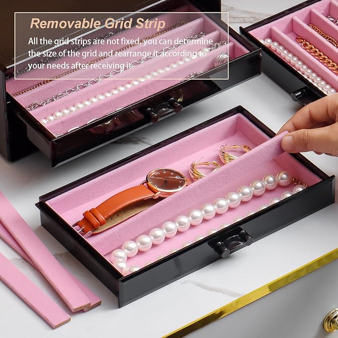 YUFONG Necklace Holder Organizer, Dustproof Necklace Box Velvet Necklace Organizer Box with Lid Clear Acrylic Dustproof Stackable Jewelry Displays for Necklaces Chain Display (Black Pink, 3 Drawer)