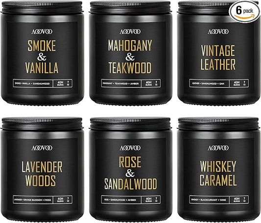 AOOVOO Scented Candles for Men - 6 Pack Candles for Home Scented, 42oz Soy Wax, 300 Hour Burn Time, Rose Sandalwood/Mahogany Teakwood/Smoke Vanilla/Leather/Lavender/Whiskey Caramel Candle Set