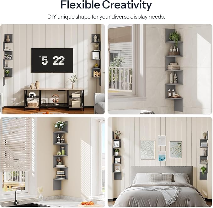 HOOBRO Corner Shelf Wall-Mounted, Set of 2 Floating Corner Shelves, 5-Tier Bookshelves for Wall Decor in Living Room, Bedroom, Home Office, Dove Gray GY26BJP201