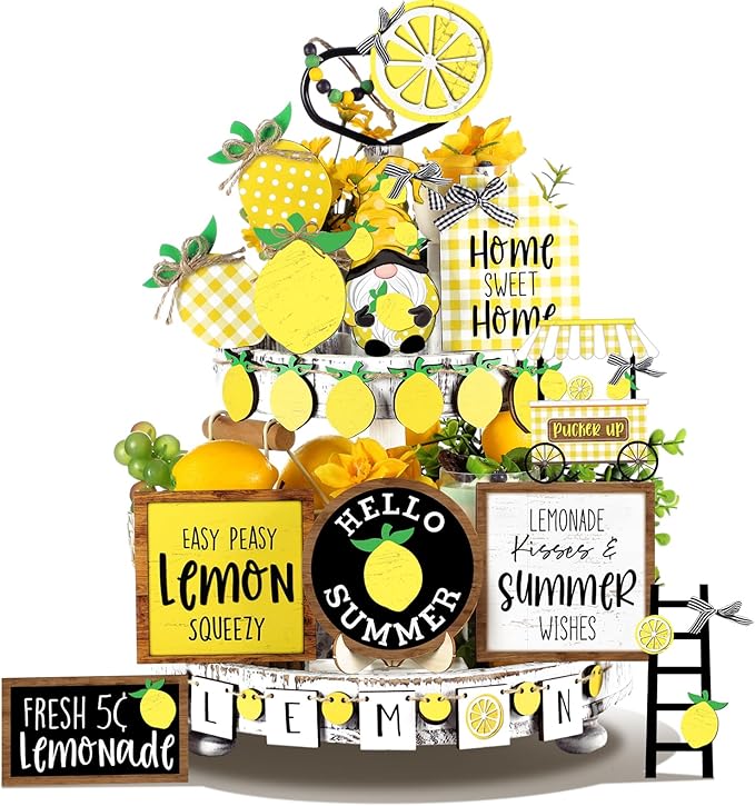 Bucherry 19 Pcs Summer Lemon Tiered Tray Decor Set Farmhouse Wood Summer Table Decorations Rustic Wooden Table Signs Tiered Tray Decor for Home Kitchen Shelf Tabletop