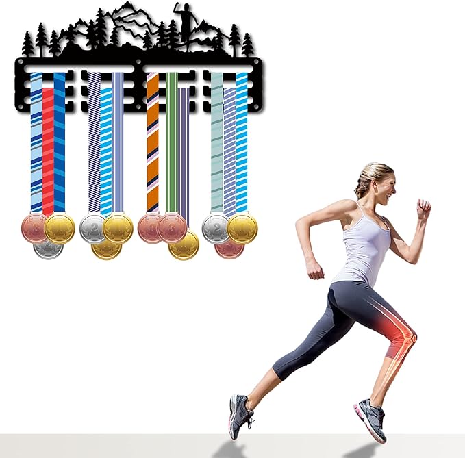 CREATCABIN Trail Running Medal Hanger Display Medal Holder Rack Sports Metal Hanging Awards Iron Small Mount Decor Awards for Wall Home Badge Race Runner Marathon Medalist Black 11.4 x 5.1 Inch