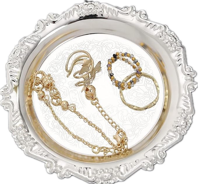 Round Storage Tray Necklace tray Jewelry Holder Organizer Dessert Plate Fruit DishRing Dish Organizer Holder Home Decor Wedding Gift for Perfume Candle Holiday Party (Silver, Mini)