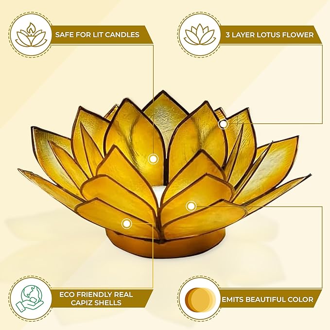 Om Gallery Capiz Shell Lotus Flower Decor Tealight Candle Holder for Serene Ambiance - Handmade Decorative Candle Holders for Meditation, Yoga, and Relaxation, Sunshine