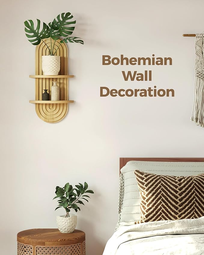 Bamworld Boho Wall Decor Plant Wall Shelf Mid Century Modern Decor Hanging Plant Shelf 2-Tier Wooden Floating Shelves for Home Bathroom Bedroom Living Room Office Holding Planter Decoration Natural