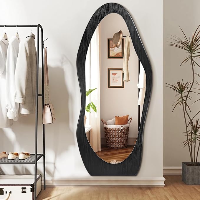 Full Length Mirror Black Irregular Wavy Mirrors 59" x 24" Asymmetrical Wall-Mounted Full Body Standing Mirror Wood Frame Mirrors for Cloakroom Bedroom Living Room