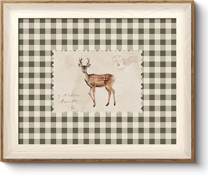 VIYYIEA Framed Wall Art for Living Room, Sika Deer Stamp Canvas Prints, Green Home Decor, Animals Painting Picture, Bathroom Wall Decor Gifts for Friends or Family - 12L x 10W