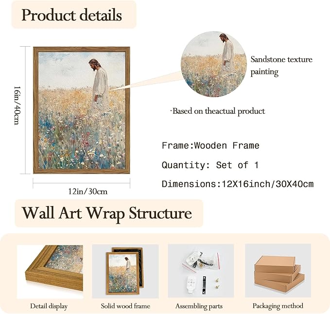 Jesus Leaves the 99 Sheep Wall Art, 3D Textured Hand Drawn Sandstone Christian Inspirational Wall Decor Paintings, Religious Wildflowers Pictures for Living Prayer Room Bedroom 12x16 inch Framed