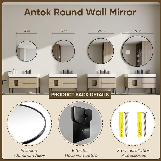 Antok 24 Inch 2PCS Round Mirror for Wall, Round Bathroom Mirror, Circle Wall Mirrors with Black Metal Frame, Circle Mirrors Suitable for Wall, Bathroom, Vanity, Living Room, Entryway