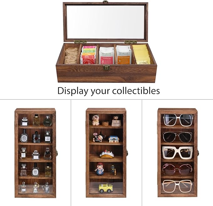 Ikee Design Wall Mounted Wooden Collectible Display Case 5 Shelf Display Storage Accessories with Tempered Glass Door, Sunglass Cabinet, Wall Shadow Box, Brown Color