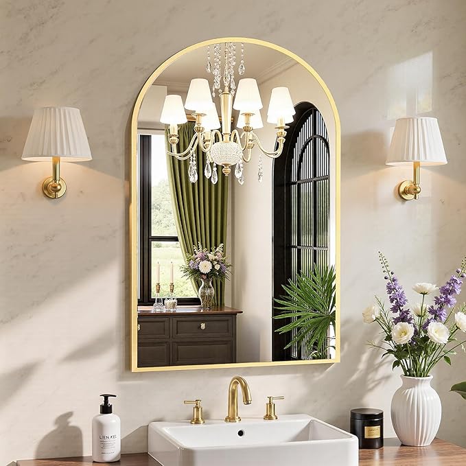 NEWBULIG 22X30 Inch Arched Bathroom Mirror for Wall, Vanity Bathroom Mirrors for Over Sink Tempered Glass, Anti-Rust Arched Metal Framed, Hangs Horizontally or Vertically, Farmhouse Home Decor, Gold