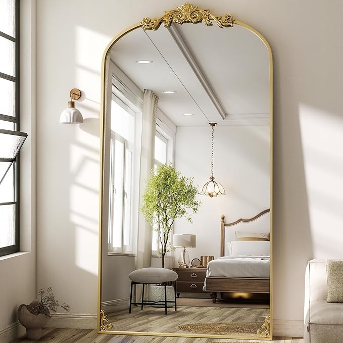 GLSLAND Oversized Vintage Mirror - 72"x 44" Full Length Mirror Large Carved Arched Mirrors with Metal Frame Baroque Full Body for Bathroom/Living Room/Entryway,Gold