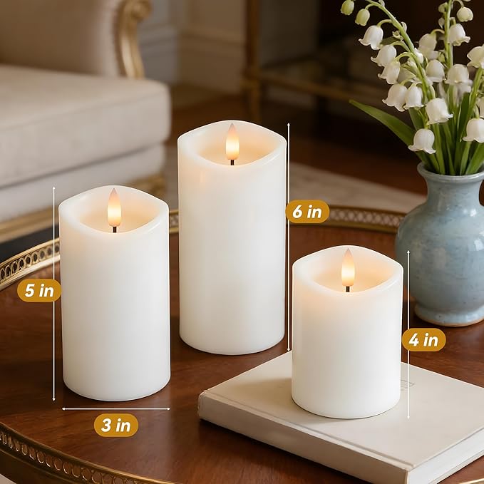 Rechargeable Flickering Flameless Candles Melted Edge Battery Operated with Remote and Timer, Real Wax LED USB Type-C Pillar Candles, Set of 3 (3" x 4",5",6"), White,Home Decor
