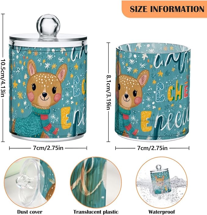 2 Pack Apothecary Jars Festive Deer Snowflake Print Bathroom Vanity Storage Organizer Set,Small Clear Plastic Storage Jars Bathroom Canister for Cotton Swabs, Rounds, Balls, Qtips,Makeup Sponge