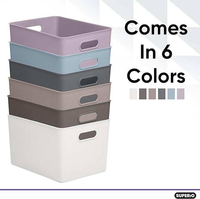 Superio Ribbed Collection - Decorative Plastic Basket Open Home Storage Bins Organizer, X-Large Taupe (4 Pack) Container Boxes for Organizing Closet Storage Bins for Shelves 22 Liter/23 Quart