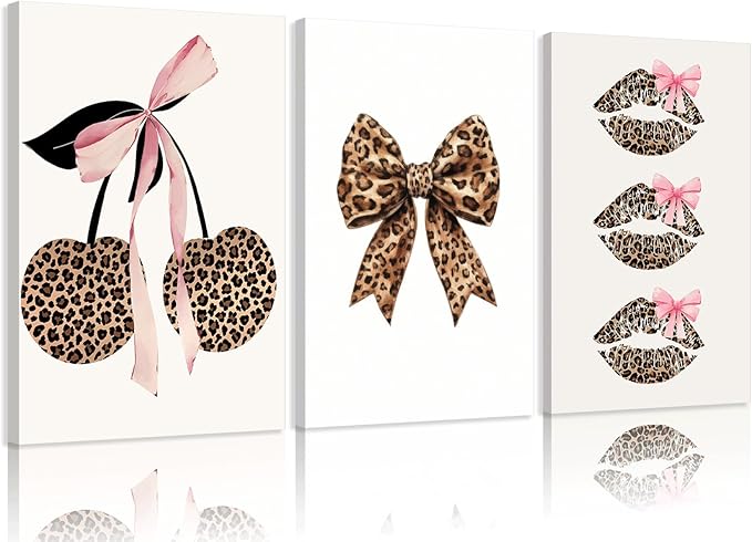 3Pcs Trendy Leopard Print Canvas Wall Art,Fashion Bow Cherry Lips Y2k Poster Pictures,Stylish Preppy Aesthetics Girls' Rooms Wall Decor for Bedroom Dorm Apartment.24x16in Framed