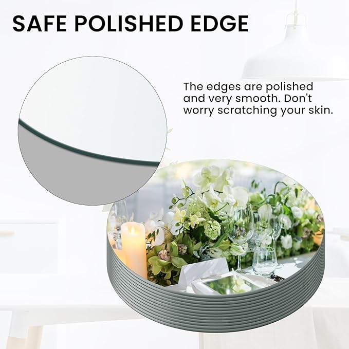 8" Round Mirror Centerpieces for Tables, 12Pcs Glass Mirror Trays for Wedding, Party, Christmas Decorations, Mirror Candle Plates with Polished Edges & Non-Slip Feet