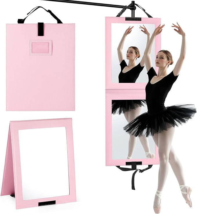 Shinowa Foldable Portable Full Length Mirror for Dancer, Camping and Travel, Shatter-Proof Acrylic Hanging Mirror with Handle, 33x13 Inch Full Body Travel Backstage Mirror, Pink